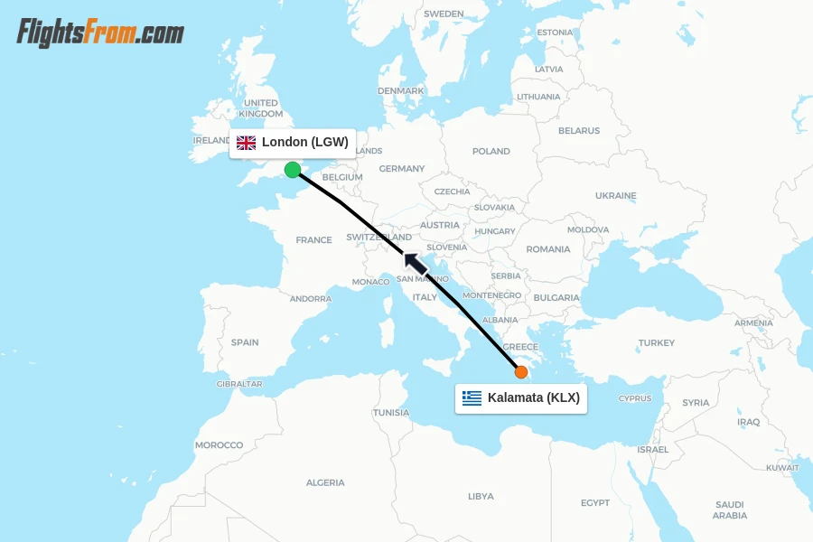 Flights from Kalamata to London route map