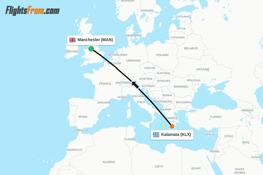 Flights from Kalamata to Manchester route map