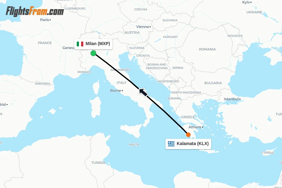 Flights from Kalamata to Milan route map