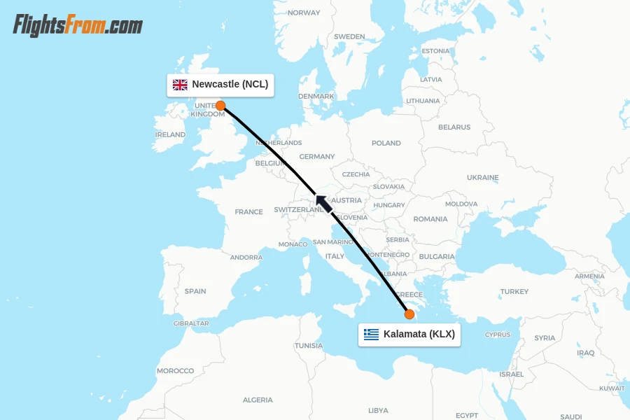 Flights from Kalamata to Newcastle route map