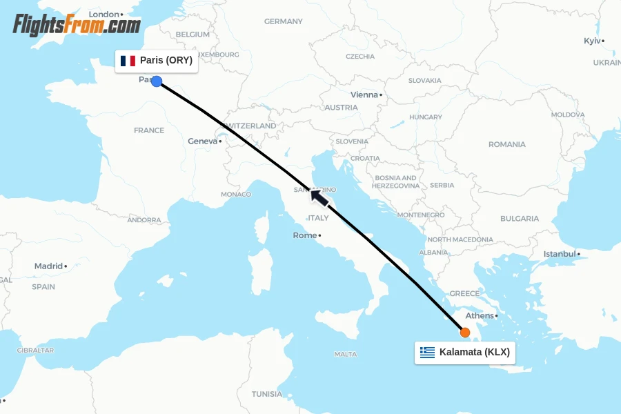 Flights from Kalamata to Paris route map