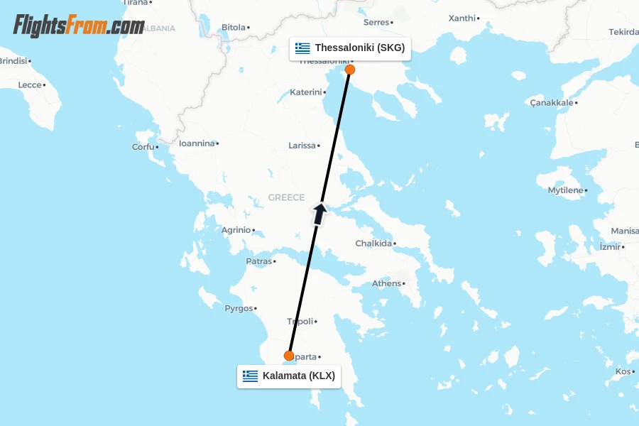 Flights from Kalamata to Thessaloniki route map