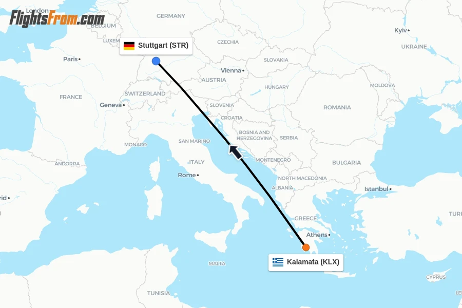 Flights from Kalamata to Stuttgart route map
