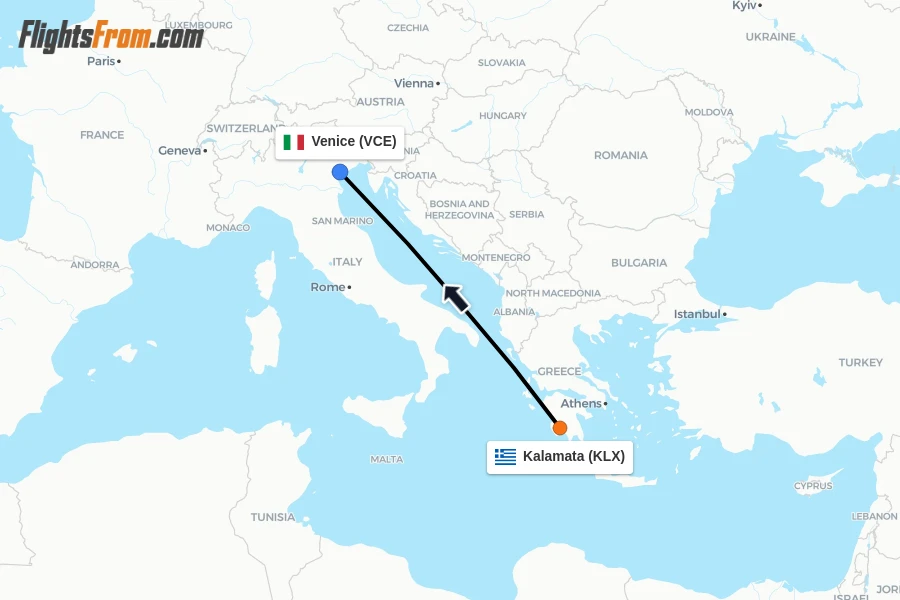 Flights from Kalamata to Venice route map