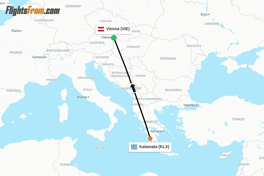 Flights from Kalamata to Vienna route map