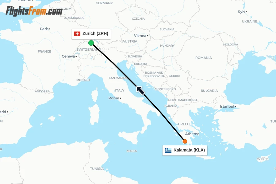 Flights from Kalamata to Zurich route map