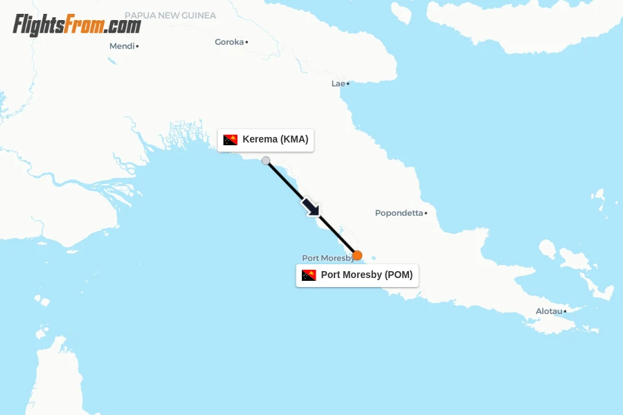 Flights from Kerema to Port Moresby route map