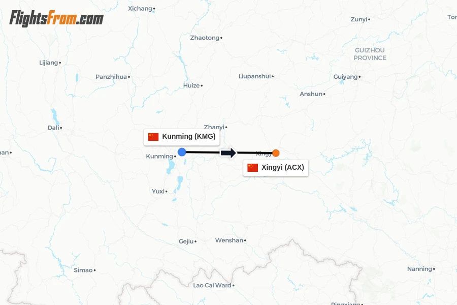 Flights from Kunming to Xingyi route map