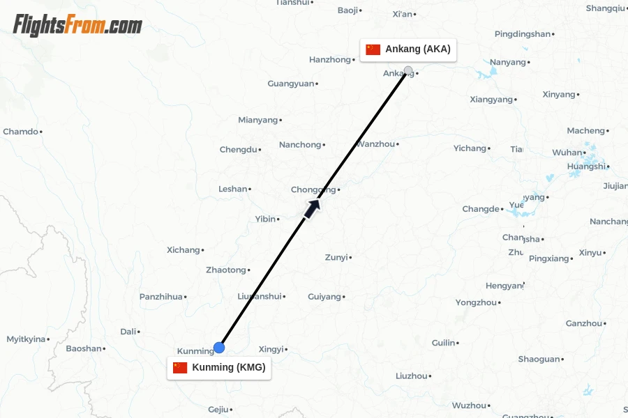 Flights from Kunming to Ankang route map