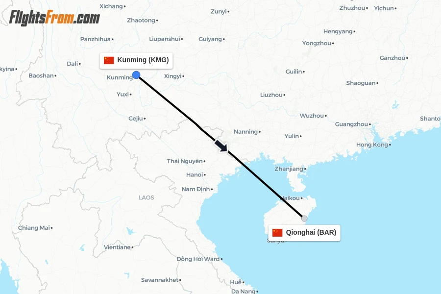 Flights from Kunming to Qionghai route map