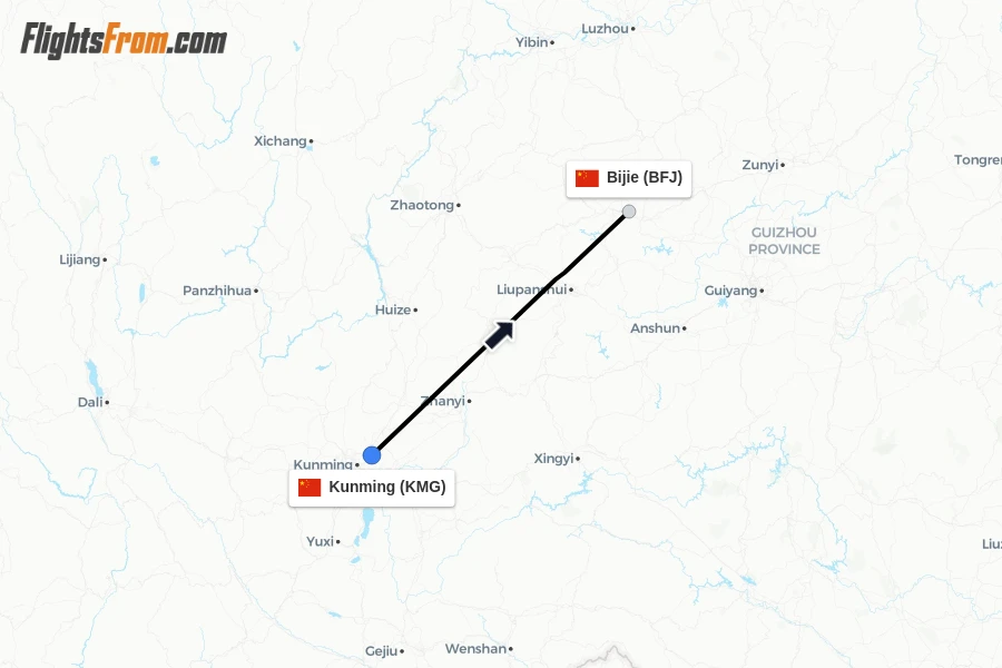 Flights from Kunming to Bijie route map