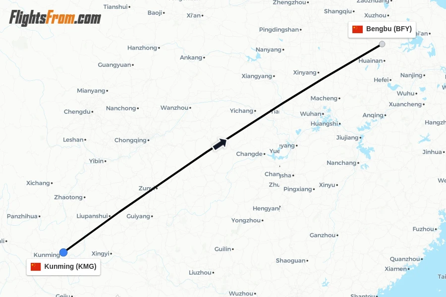Flights from Kunming to Bengbu route map