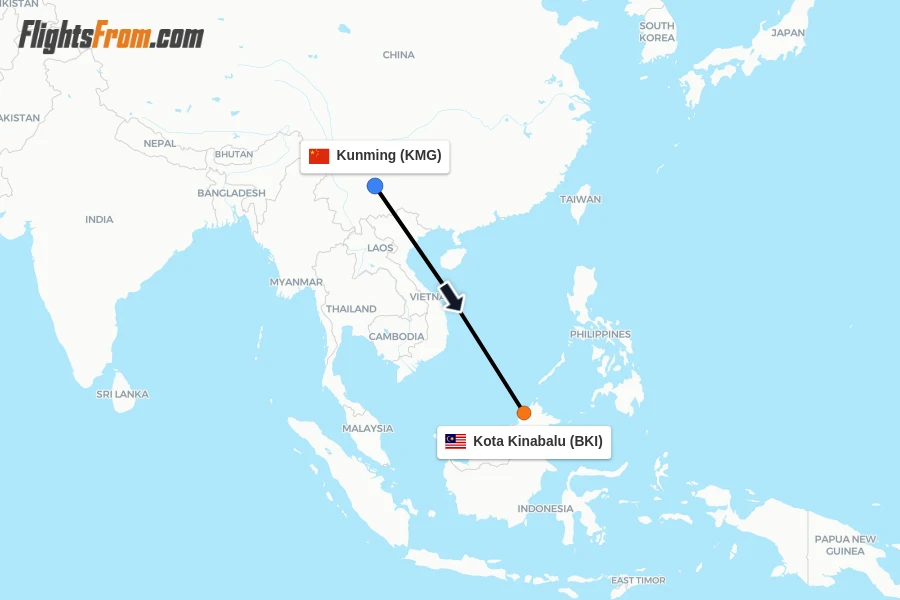Flights from Kunming to Kota Kinabalu route map