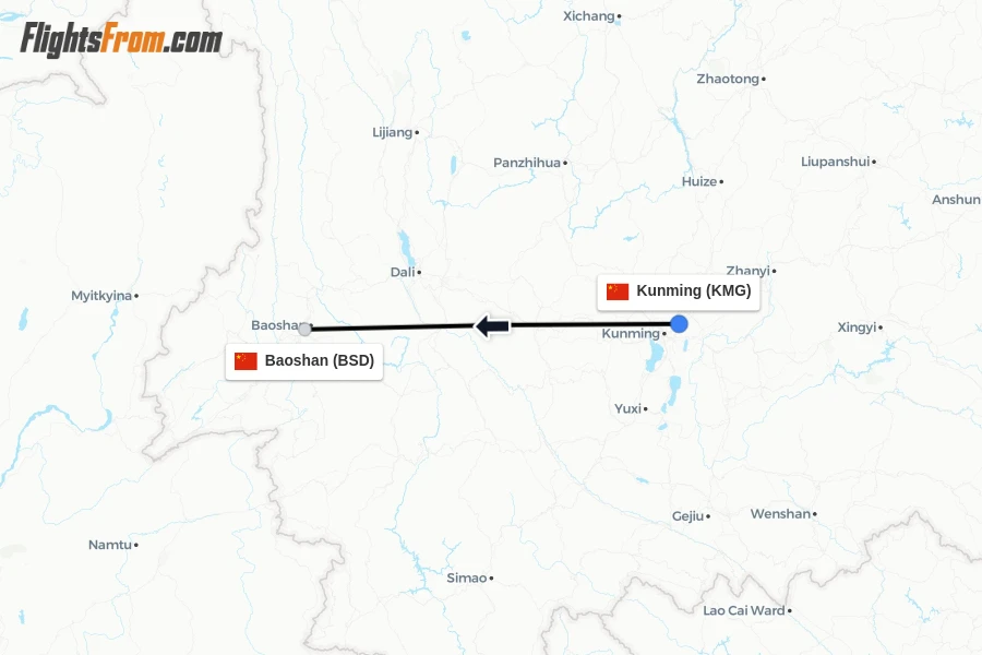 Flights from Kunming to Baoshan route map
