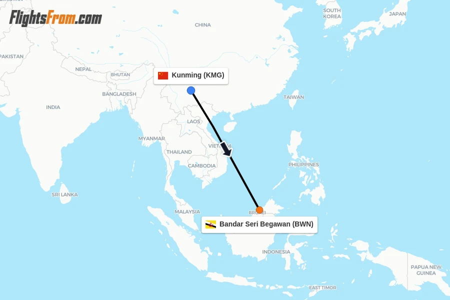 Flights from Kunming to Bandar Seri Begawan route map