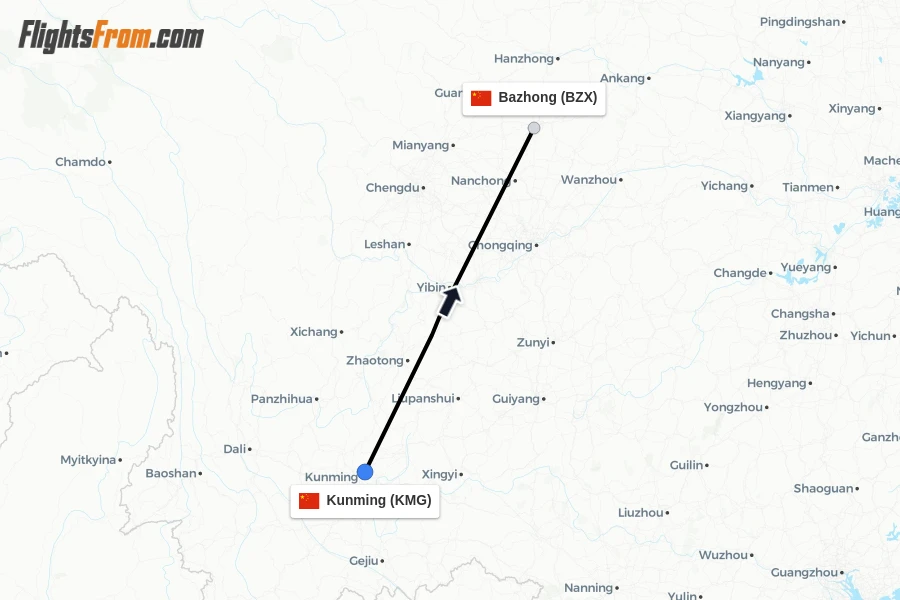 Flights from Kunming to Bazhong route map