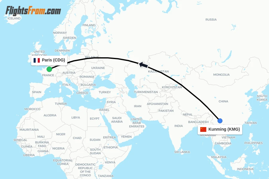 Flights from Kunming to Paris route map
