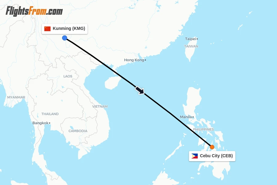 Flights from Kunming to Cebu City route map