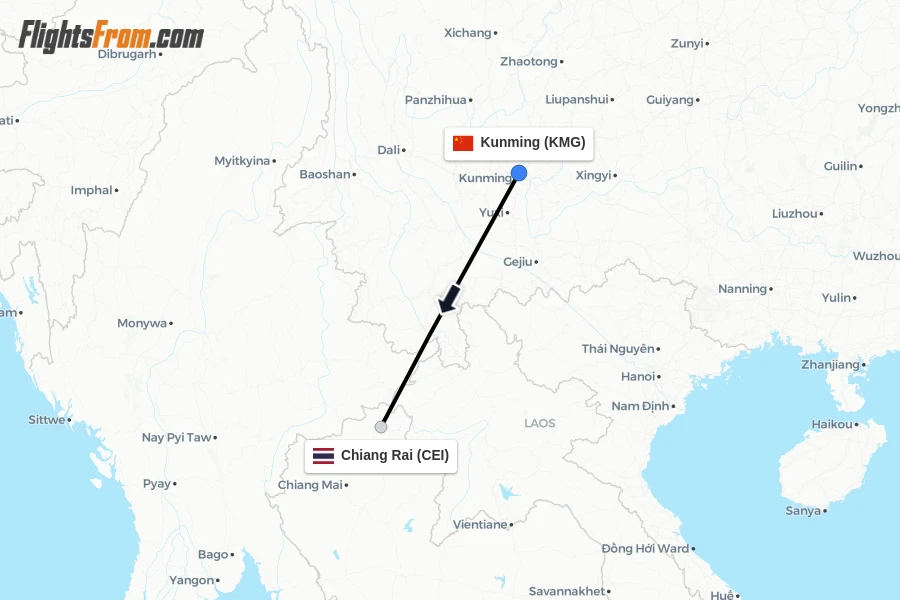 Flights from Kunming to Chiang Rai route map