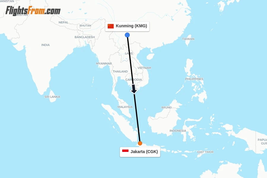 Flights from Kunming to Jakarta route map