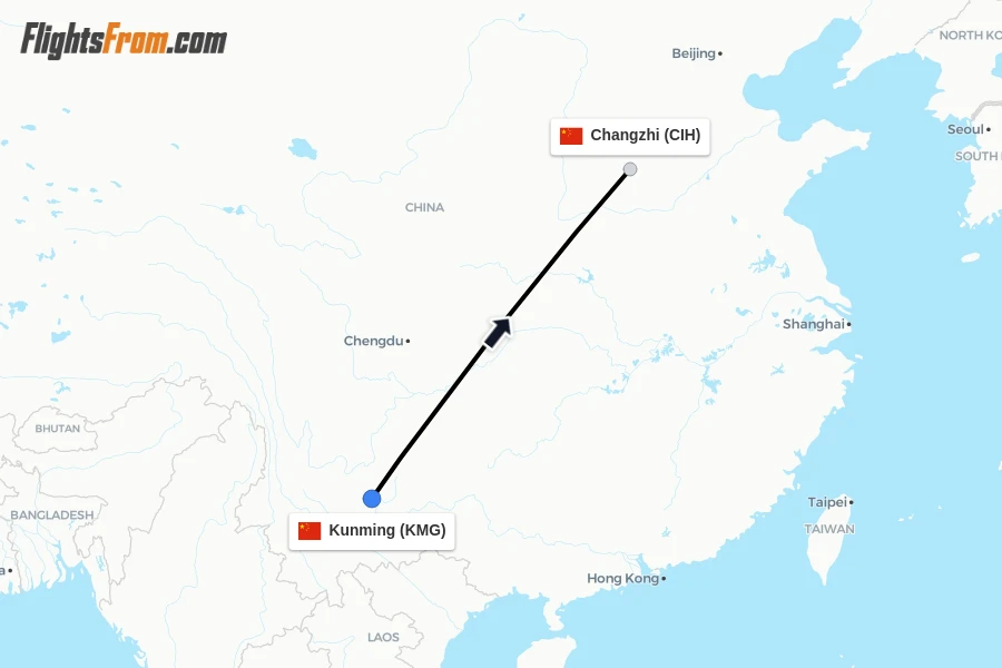 Flights from Kunming to Changzhi route map