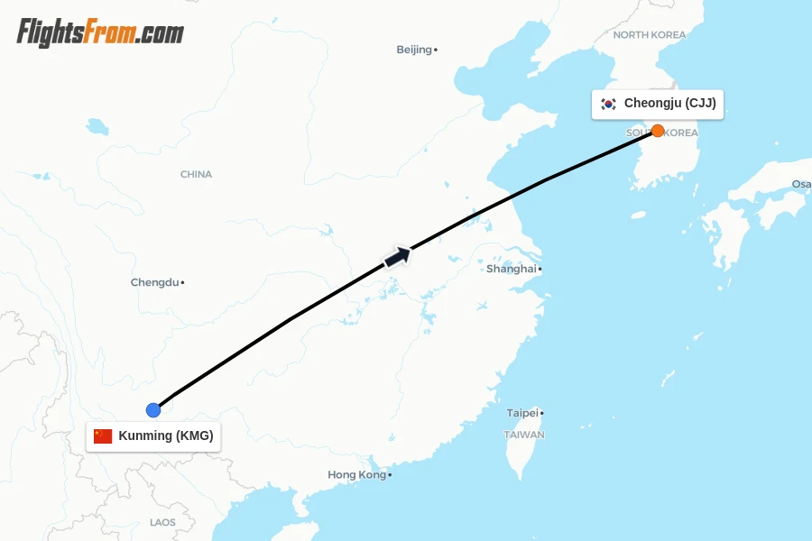 Flights from Kunming to Cheongju route map