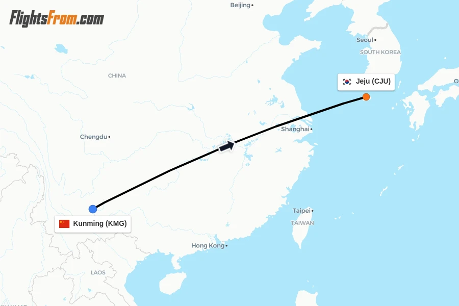 Flights from Kunming to Jeju route map