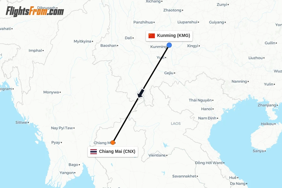 Flights from Kunming to Chiang Mai route map