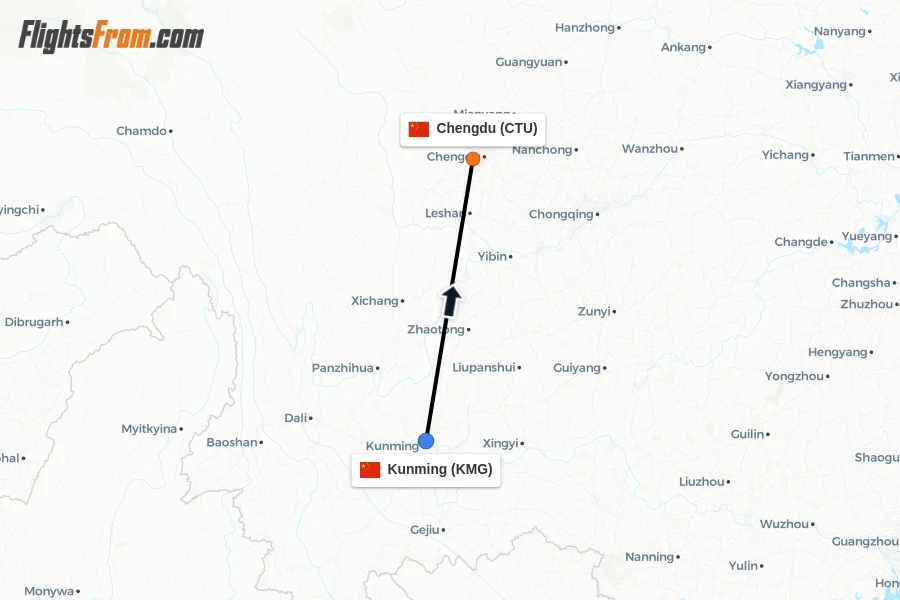 Flights from Kunming to Chengdu route map
