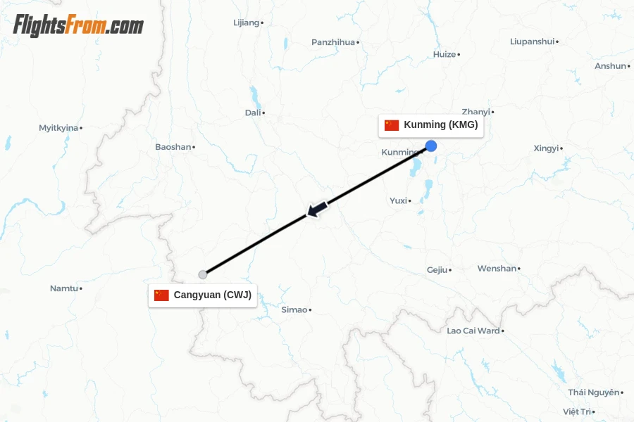 Flights from Kunming to Cangyuan route map