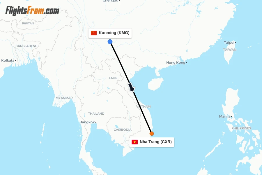 Flights from Kunming to Nha Trang route map