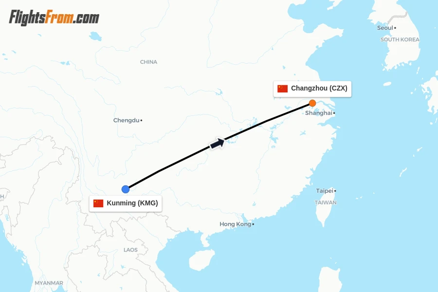 Flights from Kunming to Changzhou route map