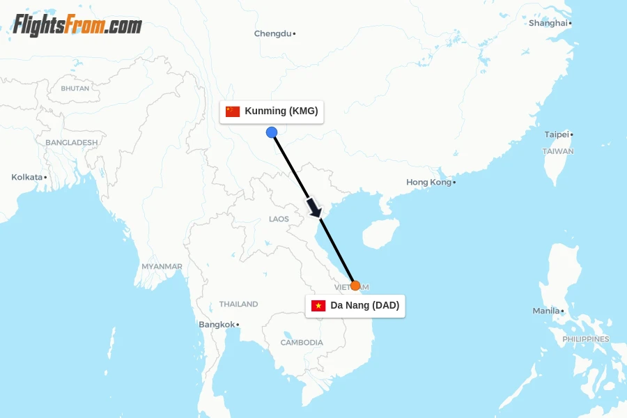 Flights from Kunming to Da Nang route map
