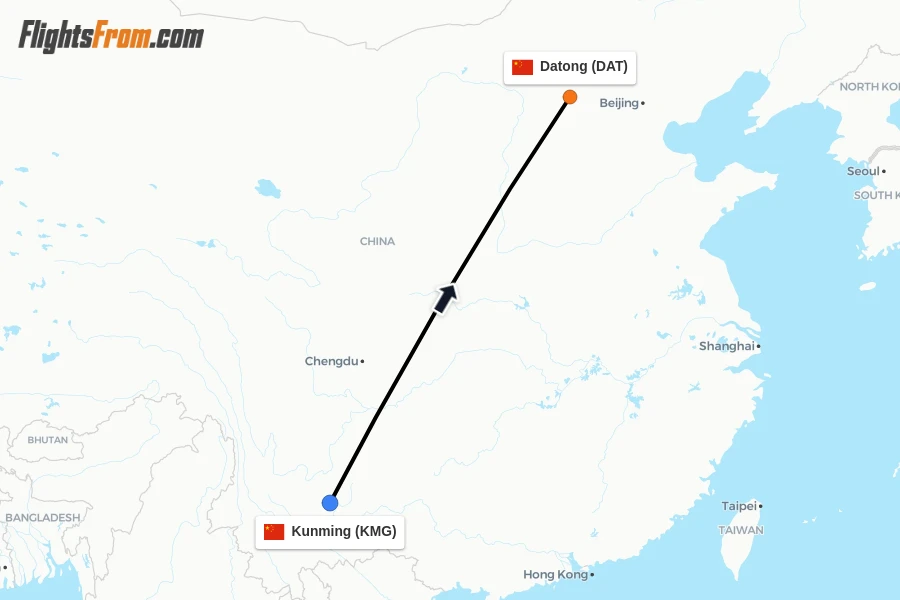 Flights from Kunming to Datong route map