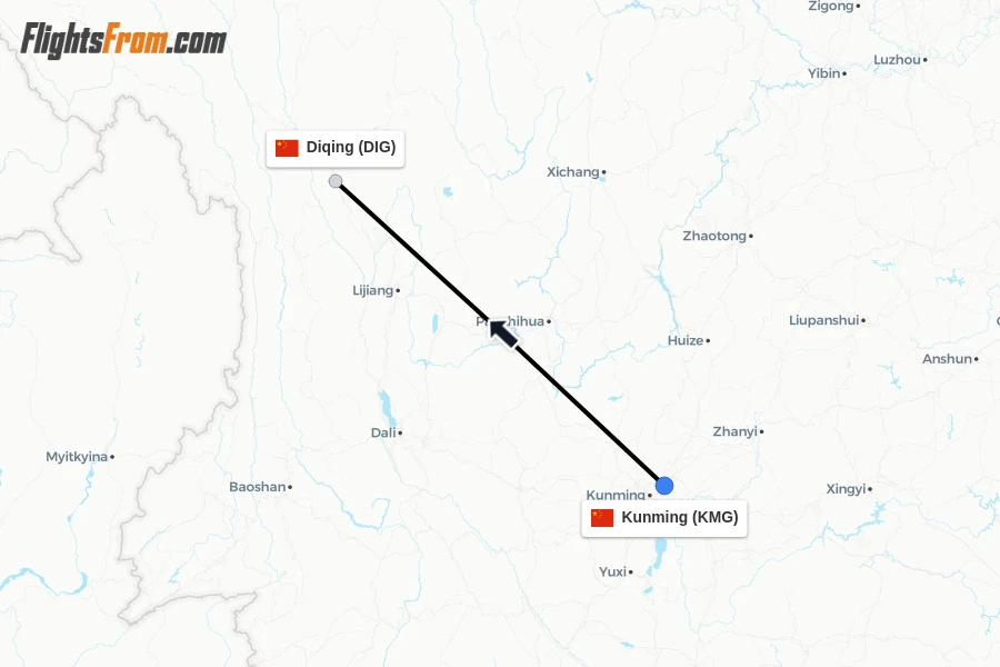 Flights from Kunming to Diqing route map