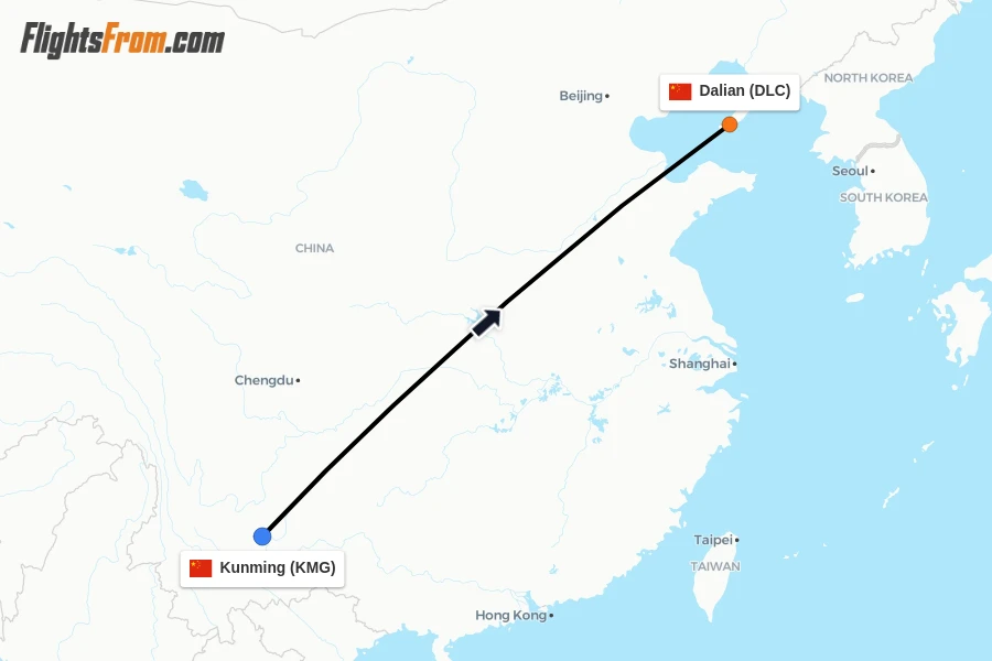 Flights from Kunming to Dalian route map