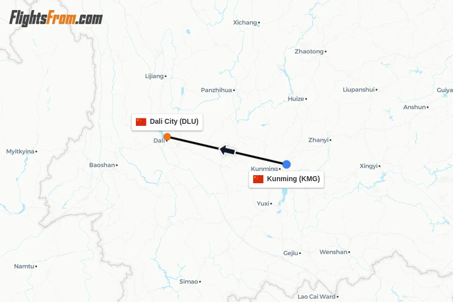 Flights from Kunming to Dali City route map