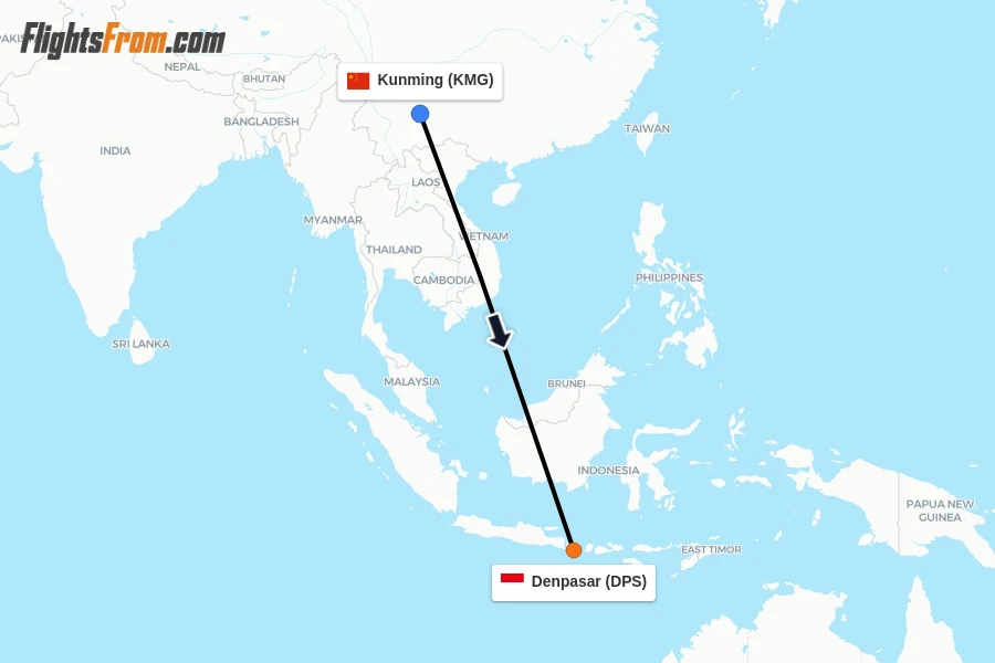 Flights from Kunming to Denpasar route map