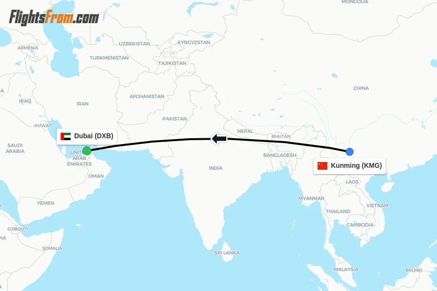Flights from Kunming to Dubai route map