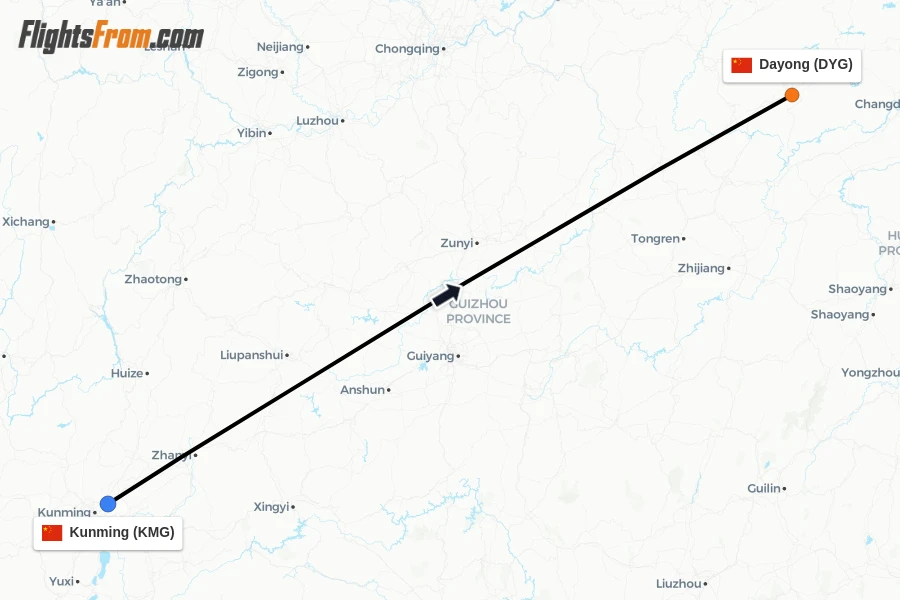 Flights from Kunming to Dayong route map