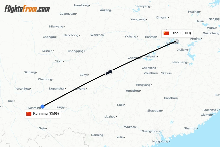 Flights from Kunming to Ezhou route map