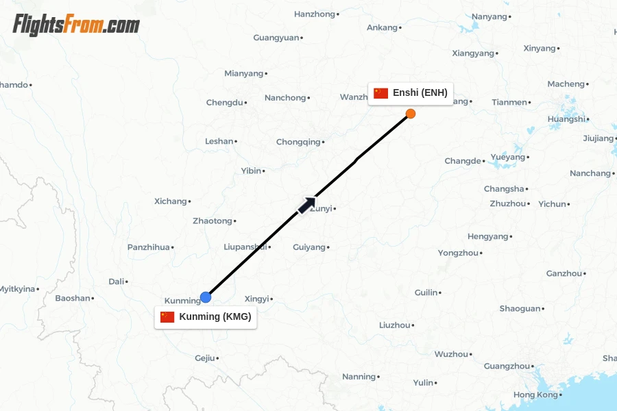 Flights from Kunming to Enshi route map