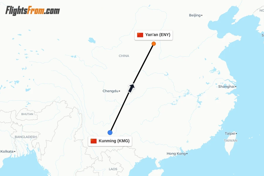 Flights from Kunming to Yan'an route map