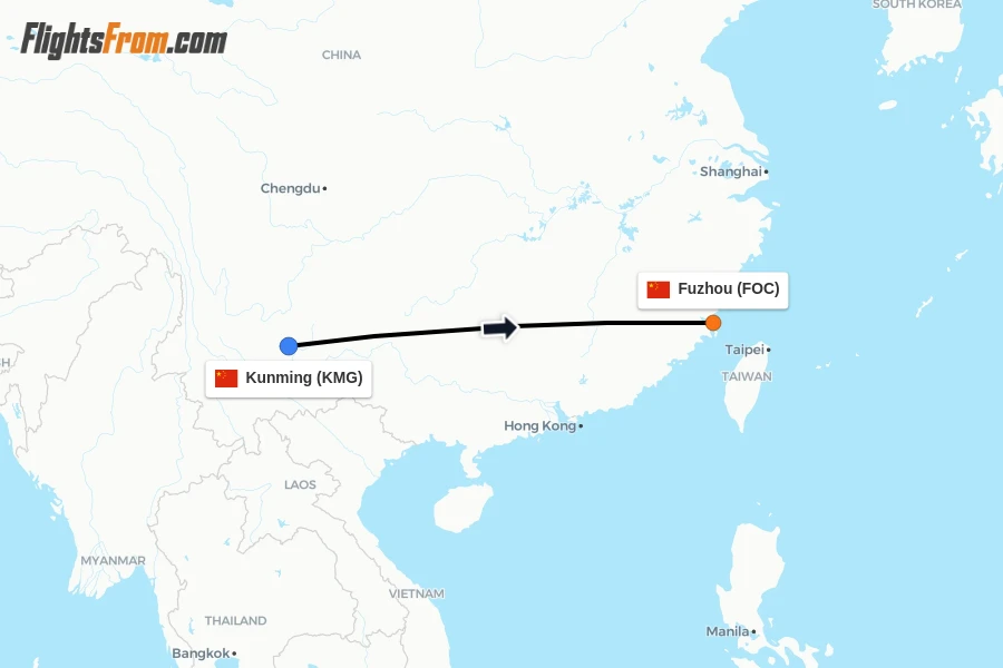 Flights from Kunming to Fuzhou route map
