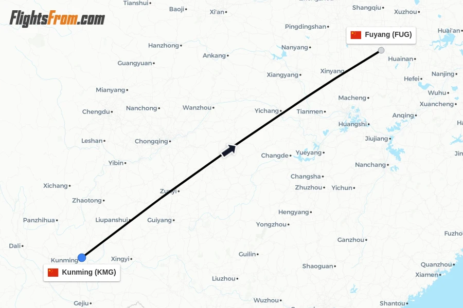 Flights from Kunming to Fuyang route map