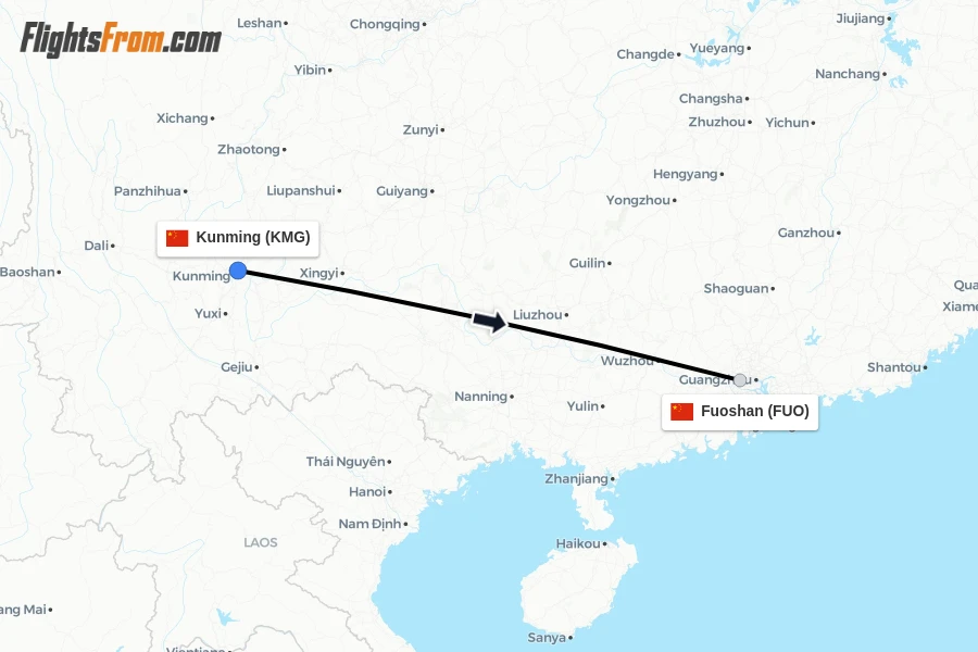 Flights from Kunming to Fuoshan route map