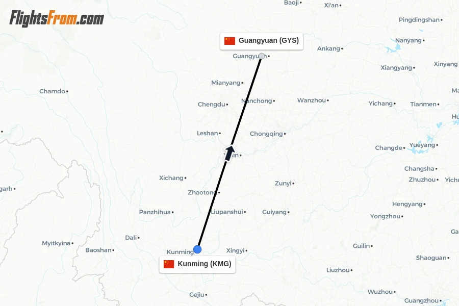 Flights from Kunming to Guangyuan route map