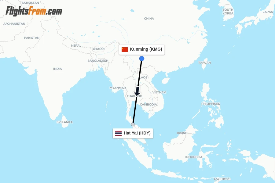 Flights from Kunming to Hat Yai route map