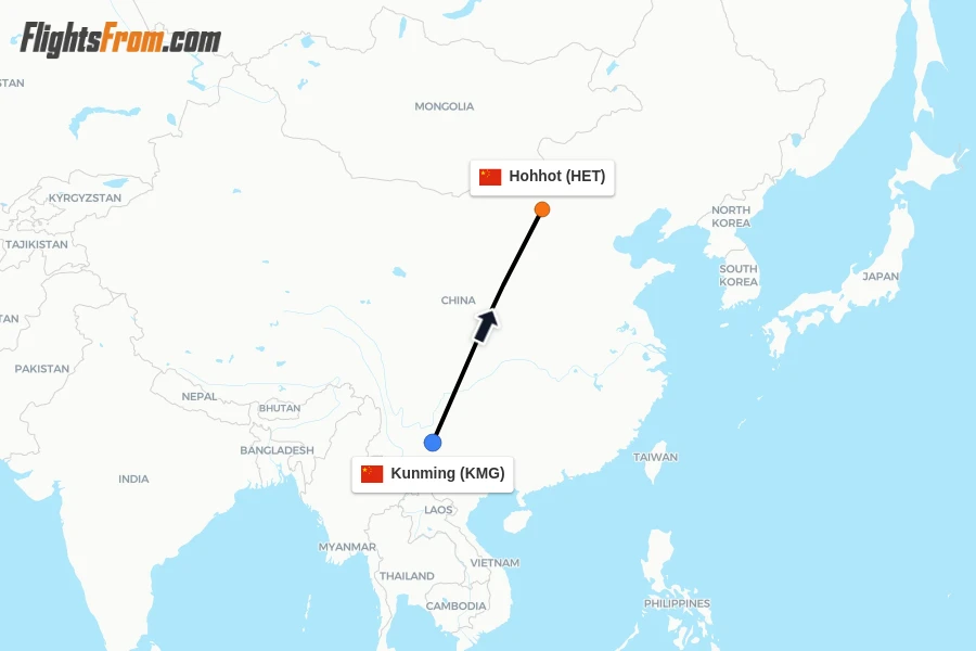 Flights from Kunming to Hohhot route map