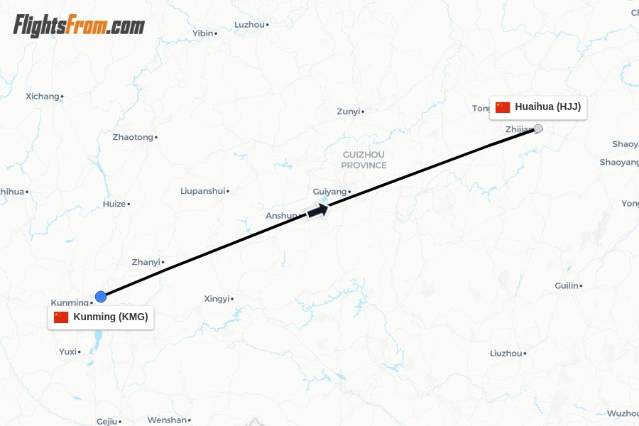 Flights from Kunming to Huaihua route map